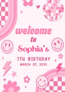 75BD Pink Retro Smiley Birthday Party Welcome Sign A4 A: 75BD Pink Retro Smiley Birthday Party Welcome Sign
