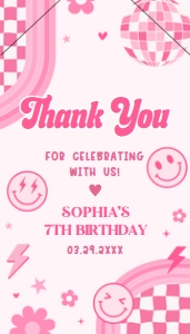 75BD Pink Retro Smiley Birthday Party Favor Tag with Line A: 75BD Pink Retro Smiley Birthday Party Favor Tag