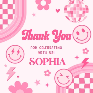 75BD Pink Retro Smiley Birthday Square Favor Tag A: 75BD Pink Retro Smiley Birthday Party Favor Tag