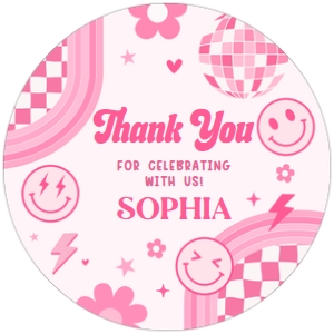 75BD Pink Retro Smiley Birthday Round Favor Tag A: 75BD Pink Retro Smiley Birthday Party Favor Tag