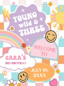 76BD Girl Young Wild and Three Birthday Party Welcome Sign 18x24 A: 76BD Girl Young Wild and Three Birthday Party Welcome Sign