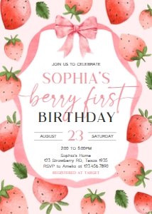 78BD Pink Ribbon Strawberry  Birthday Invitation A: 78BD Pink Ribbon Strawberry Birthday Invitation