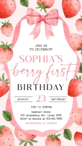 78BD Pink Ribbon Strawberry Birthday Invitation Mobile A: 78BD Pink Ribbon Strawberry Birthday Invitation