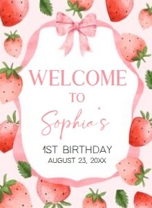 78BD Pink Ribbon Strawberry Birthday Welcome Sign 11x15 A: 78BD Pink Ribbon Strawberry Birthday Welcome Sign