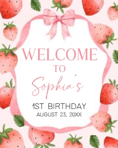 78BD Pink Ribbon Strawberry Birthday Welcome Sign design preview