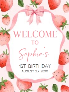 78BD Pink Ribbon Strawberry Birthday Welcome Sign 18x24 A: 78BD Pink Ribbon Strawberry Birthday Welcome Sign