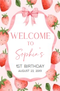 78BD Pink Ribbon Strawberry Birthday Welcome Sign 24x36 A: 78BD Pink Ribbon Strawberry Birthday Welcome Sign