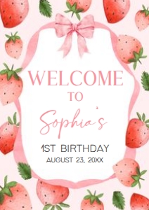 78BD Pink Ribbon Strawberry Birthday Welcome Sign A2 A: 78BD Pink Ribbon Strawberry Birthday Welcome Sign