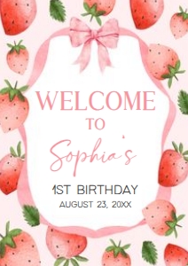 78BD Pink Ribbon Strawberry Birthday Welcome Sign A3 A: 78BD Pink Ribbon Strawberry Birthday Welcome Sign