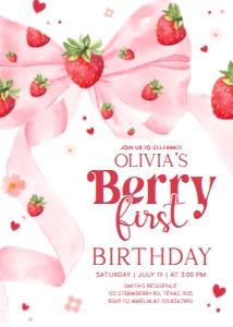 80BD Bow Strawberry Birthday Invitation A: 80BD Bow Strawberry Birthday Party Invitation