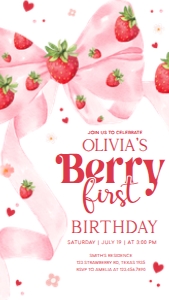 80BD Bow Strawberry Birthday Invitation Mobile A: 80BD Bow Strawberry Birthday Party Invitation
