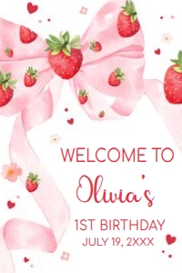 80BD Bow Strawberry First Birthday Welcome Sign 20x30 A: 80BD Bow Strawberry Birthday Party Welcome Sign
