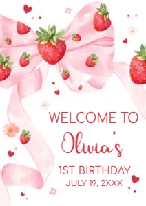 80BD Bow Strawberry First Birthday Welcome Sign A2 A: 80BD Bow Strawberry Birthday Party Welcome Sign