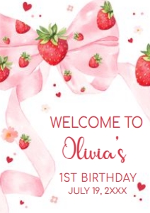 80BD Bow Strawberry First Birthday Welcome Sign A4 A: 80BD Bow Strawberry Birthday Party Welcome Sign