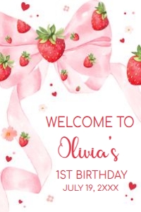 80BD Bow Strawberry First Birthday Welcome Sign 24x36 A: 80BD Bow Strawberry Birthday Party Welcome Sign