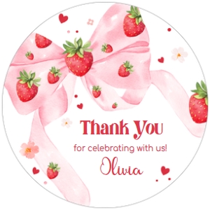 80BD Bow Strawberry Birthday Party Round Favor Tag A: 80BD Bow Strawberry Birthday Party Round Favor Tag