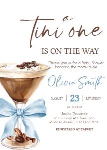 1097 Blue Bow Espresso Martini Baby Shower Invitation A: 1097 Blue Bow Espresso Martini Baby Shower Invitation