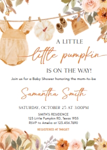 1107 Pumpkin Clothes Line Baby Shower Invitation A: 1107 Pumpkin Clothesline Baby Shower Invitation Set