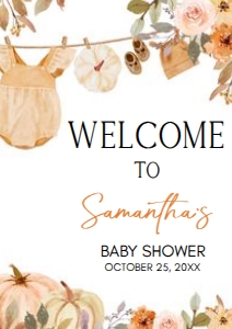 1107 Pumpkin Clothes Line Baby Shower Welcome Sign A3 A: 1107 Pumpkin Clothesline Baby Shower Welcome Sign