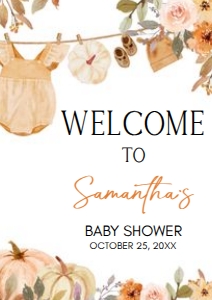 1107 Pumpkin Clothes Line Baby Shower Welcome Sign A4 A: 1107 Pumpkin Clothesline Baby Shower Welcome Sign