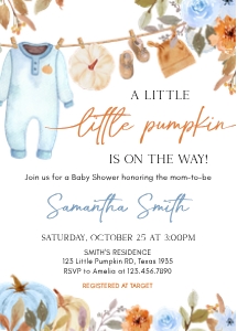 1109 Blue Pumpkin Clothes Line Baby Shower Invitation Set design preview