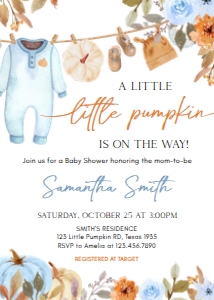 1109 Blue Pumpkin Clothes Line Baby Shower Invitation A: 1109 Blue Pumpkin Clothes Line Baby Shower Invitation Set