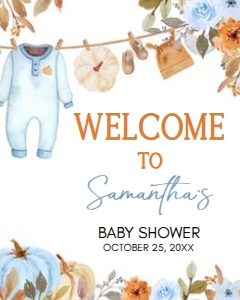 1109 Blue Pumpkin Clothes Line Baby Shower Welcome Sign 16x20 A: 1109 Blue Pumpkin Clothes Line Baby Shower Welcome Sign