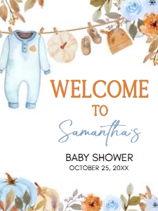 1109 Blue Pumpkin Clothes Line Baby Shower Welcome Sign 18x24 A: 1109 Blue Pumpkin Clothes Line Baby Shower Welcome Sign