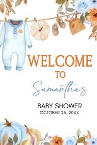 1109 Blue Pumpkin Clothes Line Baby Shower Welcome Sign 20x30 A: 1109 Blue Pumpkin Clothes Line Baby Shower Welcome Sign