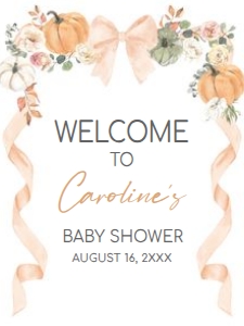 1110 Bow Pumpkin Baby Shower Welcome Sign 18x24 A: 1110 Bow Pumpkin Baby Shower Welcome Sign