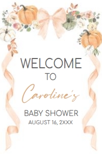 1110 Bow Pumpkin Baby Shower Welcome Sign 24x36 A: 1110 Bow Pumpkin Baby Shower Welcome Sign