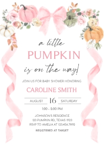 1110 Pink Bow Pumpkin Baby Shower Invitation design preview