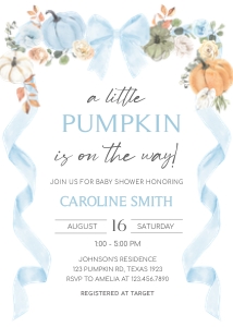 1110 Blue Bow Pumpkin Baby Shower Invitation Set design preview