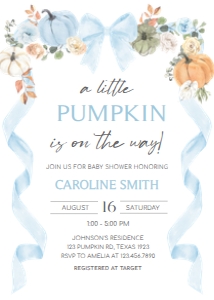 1110 Blue Bow Pumpkin Baby Shower Invitation C: 1110 Blue Bow Pumpkin Baby Shower Invitation Set