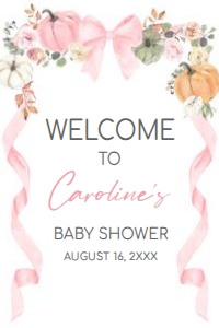 1110 Pink Bow Pumpkin Baby Shower Welcome Sign 20x30 B: 1110 Pink Bow Pumpkin Baby Shower Welcome Sign