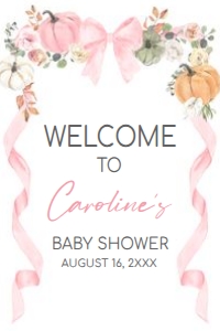 1110 Pink Bow Pumpkin Baby Shower Welcome Sign 24x36 B: 1110 Pink Bow Pumpkin Baby Shower Welcome Sign