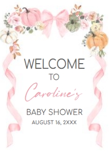 1110 Pink Bow Pumpkin Baby Shower Welcome Sign A3 B: 1110 Pink Bow Pumpkin Baby Shower Welcome Sign