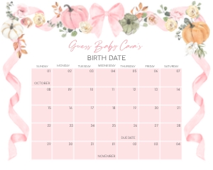 1110 Pink Bow Pumpkin Baby Shower Calendar design preview