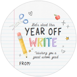 97SE Let's Start This Year Off Write Seasonal Round Favor Tag design preview