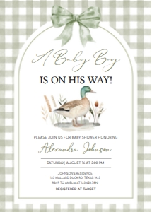 1113 Green Gingham Baby Boy Mallard Duck Baby Shower Invitation design preview