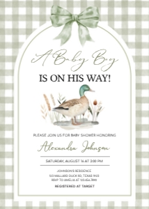 1113 Green Gingham Baby Boy Mallard Duck Baby Shower Invitation A: 1113 Green Gingham Baby Boy Mallard Duck Baby Shower Invitation