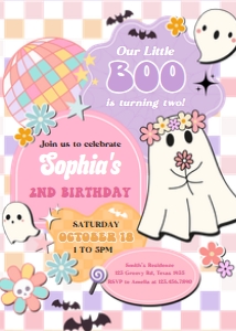 96BD Girl Retro Groovy Ghost Little Boo Birthday Party Invitation design preview