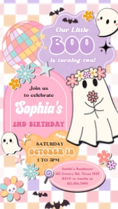 96BD Girl Retro Groovy Ghost Little Boo Birthday Invitation Mobile A: 96BD Girl Retro Groovy Ghost Little Boo Birthday Party Invitation