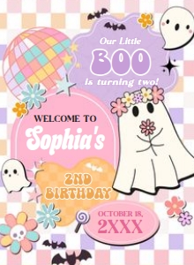 96BD Girl Retro Groovy Ghost Little Boo Birthday Party Welcome Sign design preview