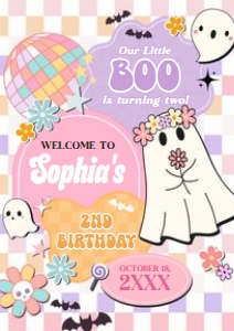 96BD Girl Retro Groovy Ghost Little Boo Birthday Party Welcome Sign A4 A: 96BD Girl Retro Groovy Ghost Little Boo Birthday Party Welcome Sign