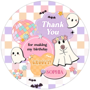 96BD Girl Retro Groovy Ghost Little Boo Birthday Party Round Favor Tag design preview