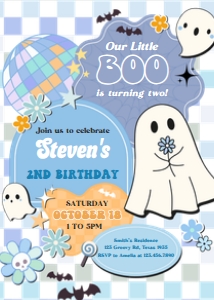 96BD Boy Retro Groovy Ghost Little Boo Birthday Invitation B: 96BD Boy Retro Groovy Ghost Little Boo Birthday Party Invitation
