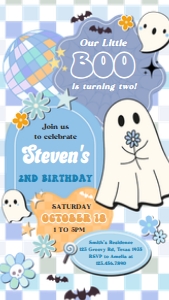 96BD Boy Retro Groovy Ghost Little Boo Birthday Invitation Mobile B: 96BD Boy Retro Groovy Ghost Little Boo Birthday Party Invitation