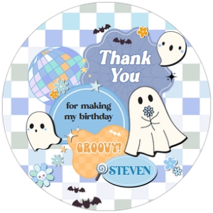 96BD Boy Retro Groovy Ghost Little Boo Birthday Party Round Favor Tag design preview