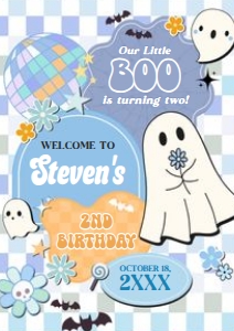 96BD Boy Retro Groovy Ghost Little Boo Birthday Party Welcome Sign A4 B: 96BD Boy Retro Groovy Ghost Little Boo Birthday Party Welcome Sign